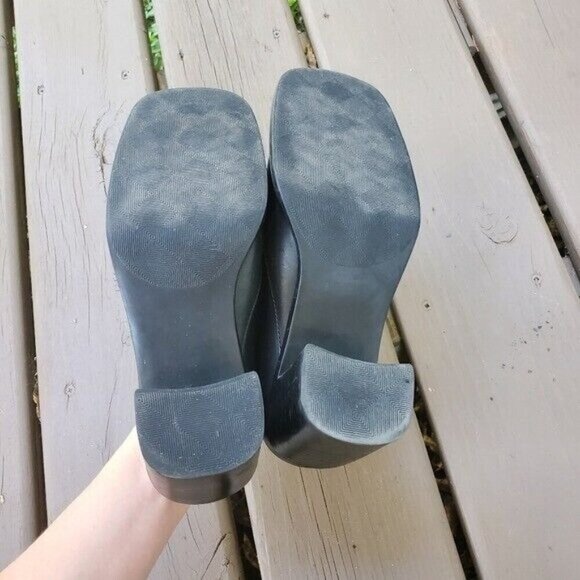 Vintage 90s y2k Square Toe Chunky Heel Black Leather Heeled Loafer Low Booties 7 - Picture 8 of 9